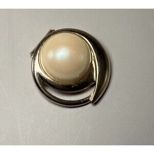 Vintage Jeri Lou Gold Tone Faux Mabe Pearl Round Dress Scarf Clip Brooch